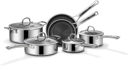 SNOWCLAD Pots and Pans Set Non Stick, 14 Pcs Hybrid Stainless Steel Cookware Sets, Non Stick Frying Pans, Saucepans, Saute Pan & Stock Pot, PFOA Free Kitchen Skillet,Induction Compatible
