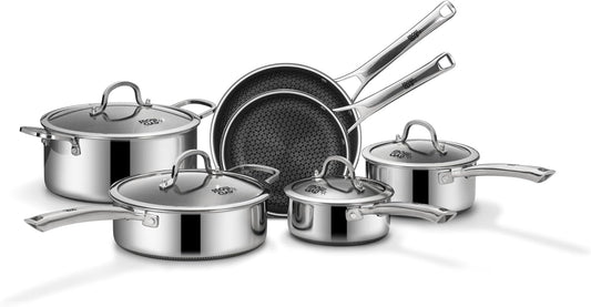 SNOWCLAD Pots and Pans Set Non Stick, 14 Pcs Hybrid Stainless Steel Cookware Sets, Non Stick Frying Pans, Saucepans, Saute Pan & Stock Pot, PFOA Free Kitchen Skillet,Induction Compatible