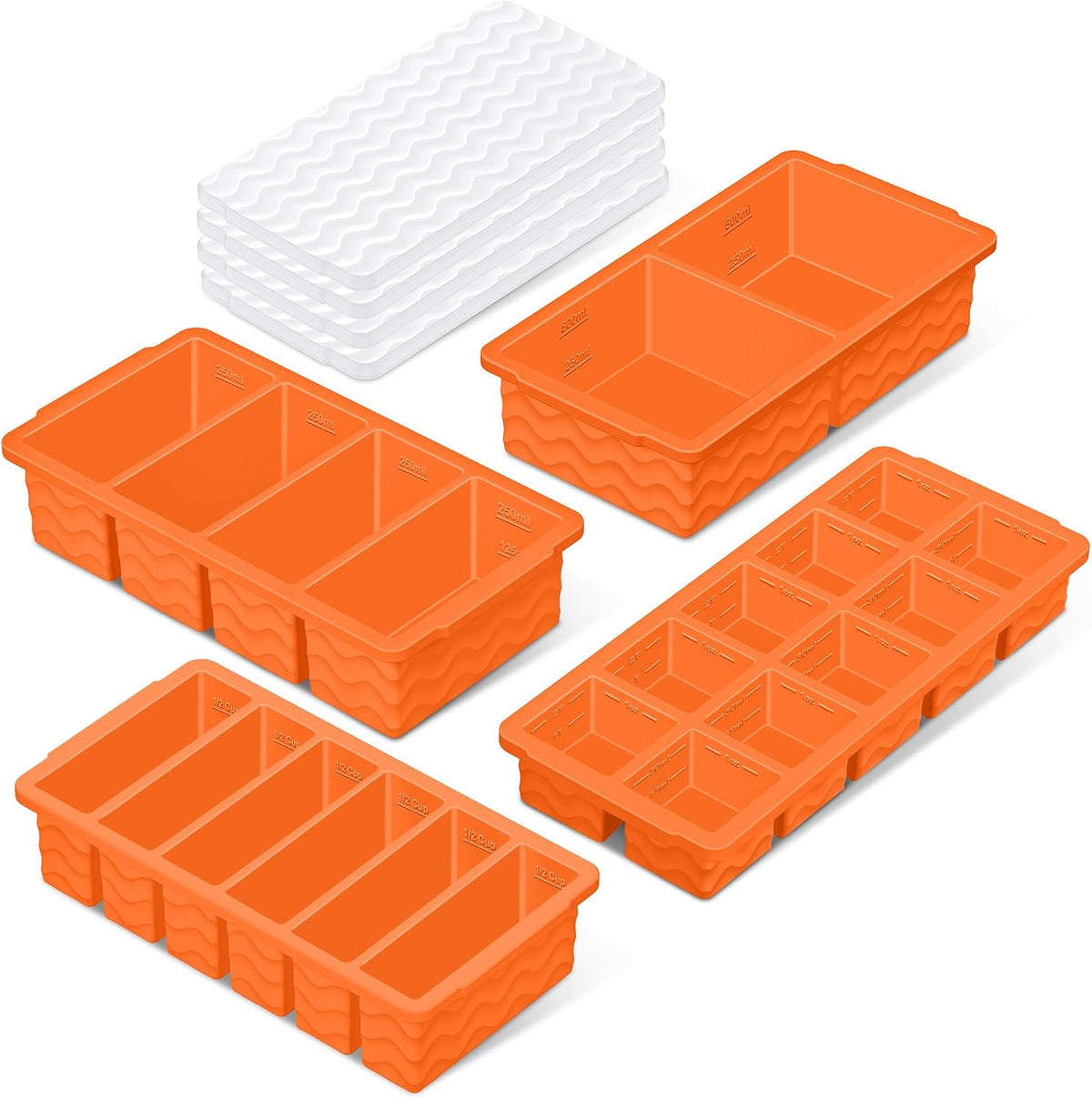 Silicone Freezer Trays with Lid (4-Pack), 1-Cup, 2-Cup, 1/2-Cup & 2-Tbsp Silicone Freezer Molds, Stackable Soup Freezer Meal Prep Containers,Ice Cube Tray for Making Sauce,Smoothies,Yogurt Bites