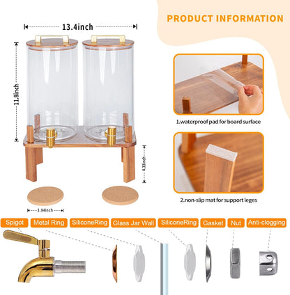 2 PACK 1.5 Gallon Glass Beverage Dispenser with Wooden Lid, Drink Dispenser with Wooden Stand, Lemonade Dispenser with Stainless Steel Leak-Proof Spigot for Parties, Weddings