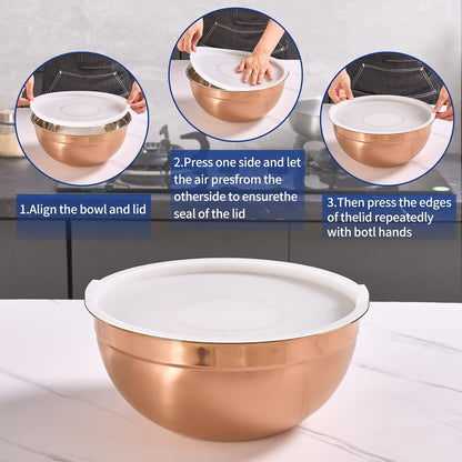 Pink Mixing Bowls with Airtight Lids, Stainless Steel Nesting Mixing Bowls Set of 7, Ideal for Baking, Prepping and Serving Food, Size 7, 3.6, 2.7, 2.1, 1.5, 1.1,0.8 QT, Stackable Design
