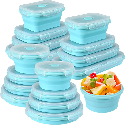 Yaomiao 16 Pack Collapsible Food Storage Containers with Lid Foldable 8 Pcs Rectangle Storage Bowl and 8 Pcs Round Silicone Food Bow for Lunch Rv Accessories Microwave Freezer Safe(Gray, Blue)