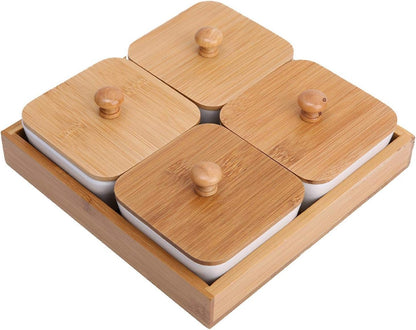 Joyzan Ceramic Divided Serving Dishes, Porcelain Snack Nut Condiments Appetizer Bowl Lids Dip Candy Platter Relish Bamboo Tray Removable Food Display Container Fruit Dessert Potato Chip Birthday Party