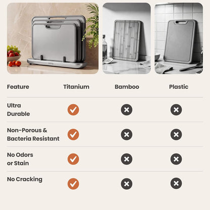 SMIRLY Titanium Cutting Board for Kitchen, Double Sided Chopping Board Set with Holder, Pure Titanium, 3 Pack (Silver)