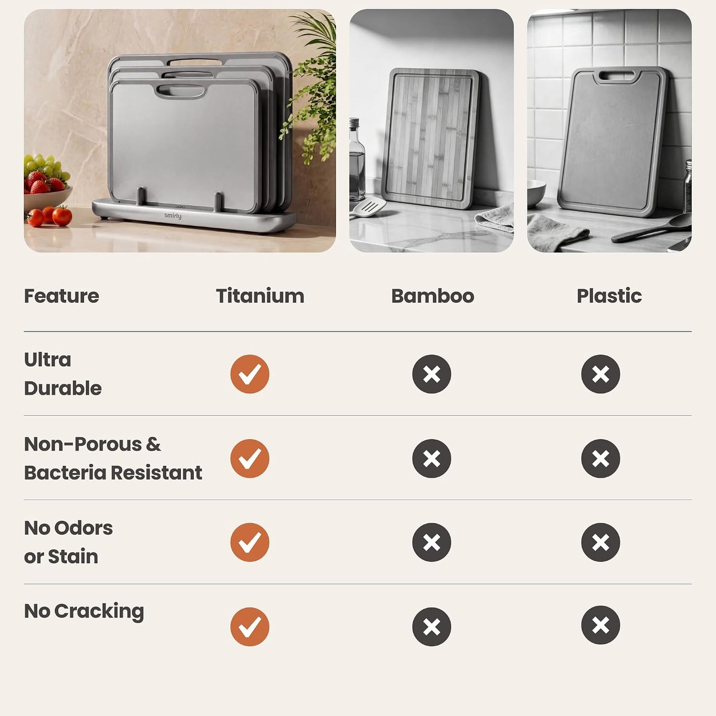 SMIRLY Titanium Cutting Board for Kitchen, Double Sided Chopping Board Set with Holder, Pure Titanium, 3 Pack (Silver)