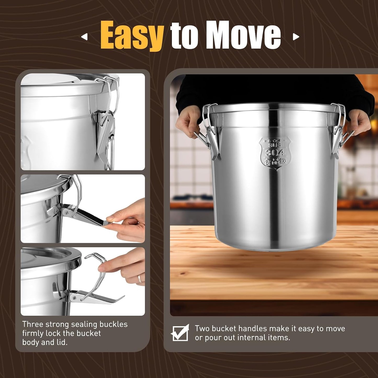 DYNAMI 12.7Gal 304 Stainless Steel Rice Storage Container,Extra Large Food Grade Canister,40-90Lbs Sealed Rice Bucket with Airtight Lid and Locking Buckle,for Rice, Flour, Grain (48L)