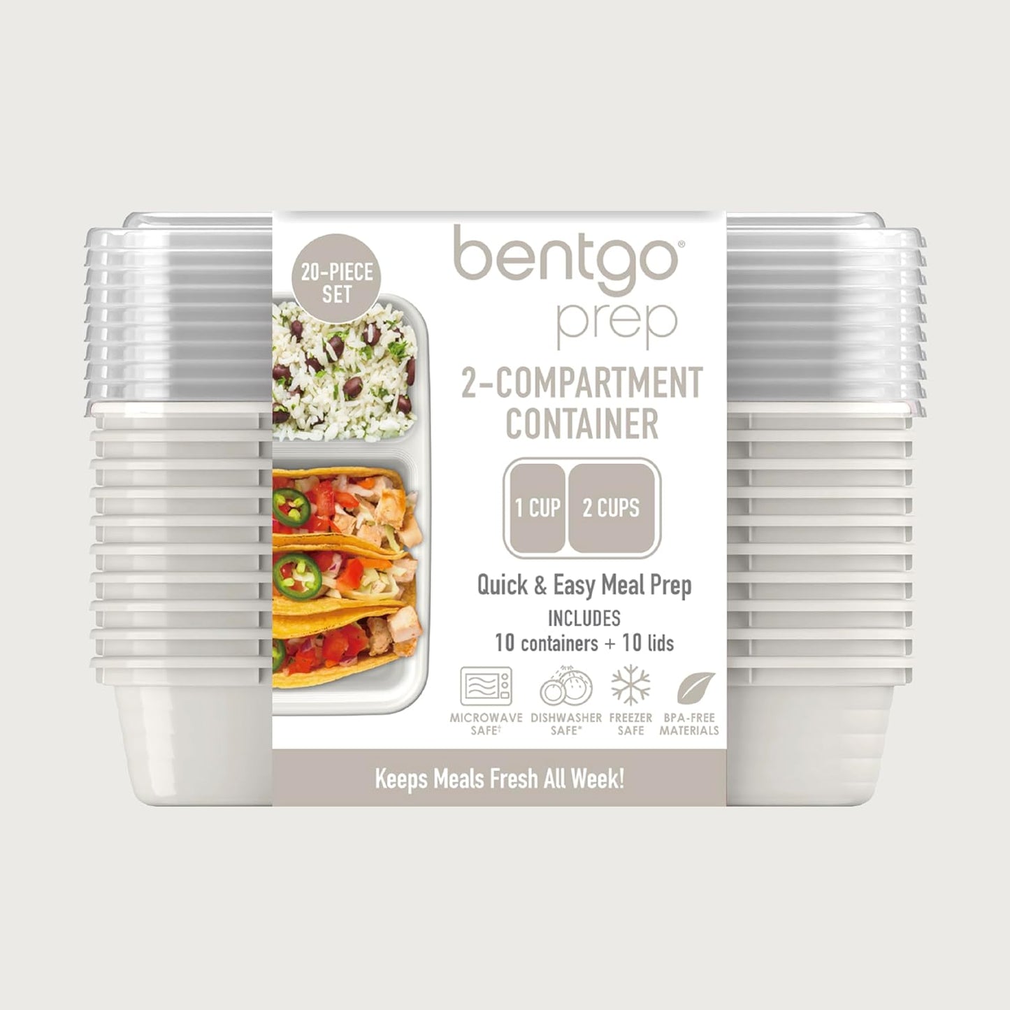 Bentgo Prep - 20-Piece 2-Compartment Reusable Meal Prep Containers with Lids, PFAS & BPA Free Materials, Durable, Microwave, Freezer, & Dishwasher Safe To Go Food Storage (Rose Gold)