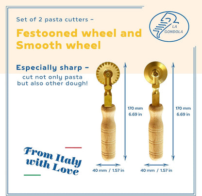 La Gondola Set of 2 Homemade Pasta Cutters - Festooned & Smooth Wheels | Making Tools for Home & Business | Brass & Natural Wood | Easy to Use Cutting Tools | Ravioli Cutters Made in Italy