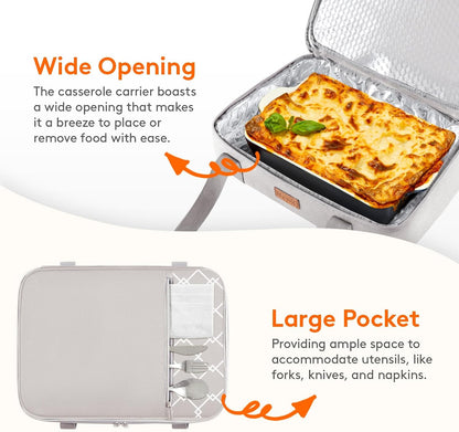 Lifewit Insulated Double Decker Casserole Carrier, Expandable Lasagna Lugger Tote Bag for Hot or Cold Food, Fits 9" x 13" Baking Dish for Potluck Parties, Picnic and Cookouts, Grey-Geometric