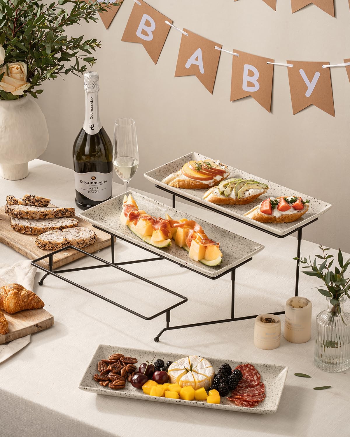 LAUCHUH 3 Tier Serving Tray, Porcelain Serving Platter Tier Serving Stand with Collapsible Sturdier Rack, Serving Trays and Platters Dessert Party Display Set for Father's Day, Gold, 12 Inch