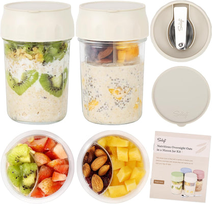 SOLIGT 4 Pack Overnight Oats Containers with Lids, Folding Spoons and Divided Compartments for Fruit & Nuts, Small Glass 16oz Mason Jars for Oatmeal (4 Set-Oat White/Green/Rose/Blue)