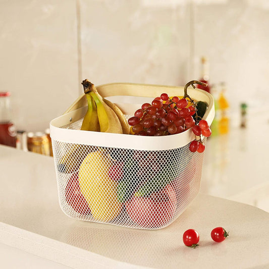 AJIODA 2 Pack Metal Mesh Steel Basket, Storage Organizer Basket Multi-function Hanging Kitchen Baskets Fruit Basket Bin with Wood Handle for Kitchen Bathroom Picnic Cabinet Home Decor, White