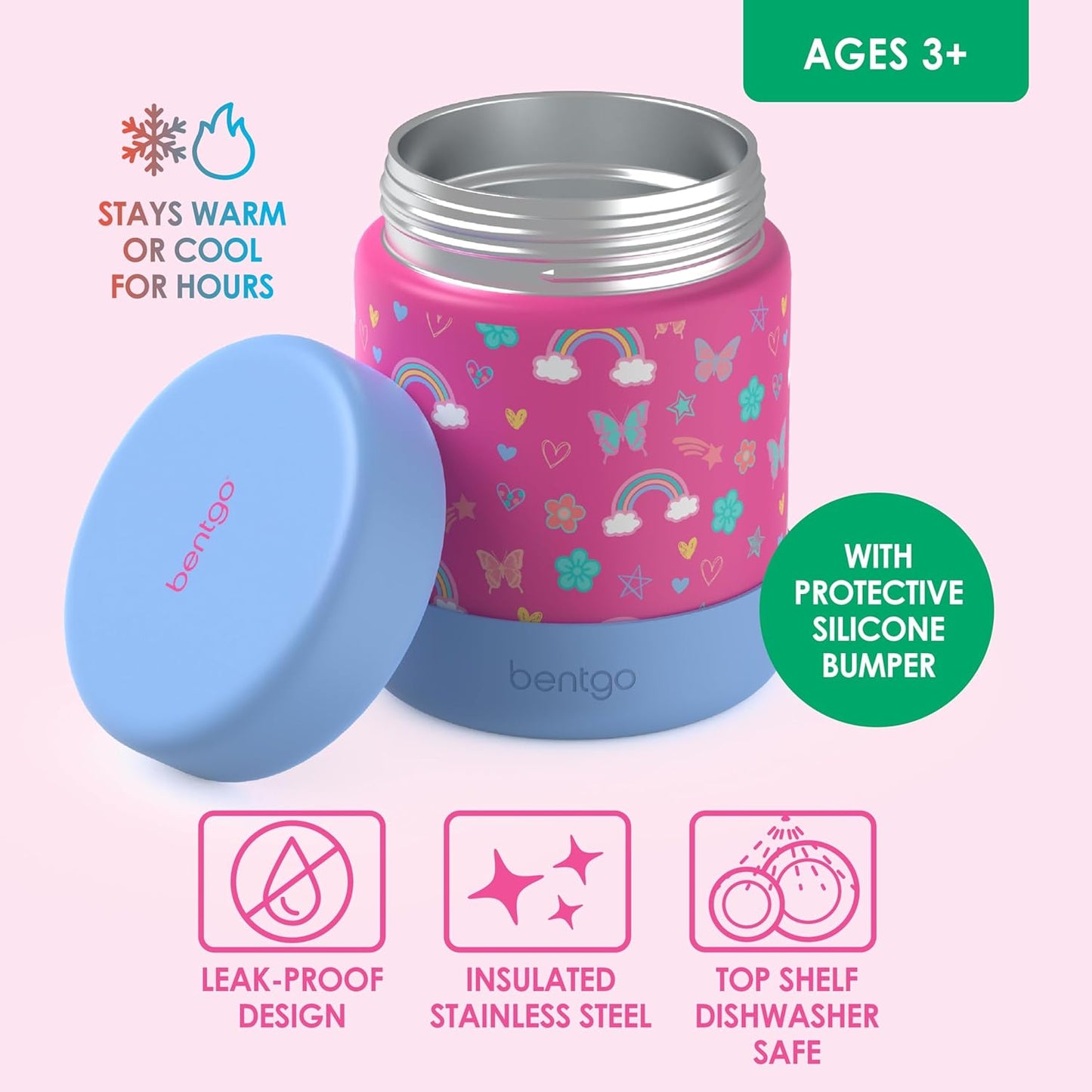 Bentgo Kids Stainless Steel Food Jar - 11oz Leak-Proof Double Insulated Hot or Cold Food Container with Removable Silicone Bumper, Dishwasher Safe, Easy Open Lid, Ages 3+ (Trucks)