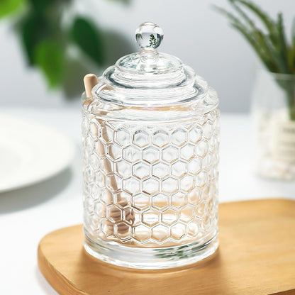 Honey Jars,9 oz Clear Glass Honey Pot Set with Dipper and Lid - Glass Honey Dispenser,Syrup Jar,Containers for Kitchen - Honeypot with Dipper Sticks - Honey Containers (Hexagon)