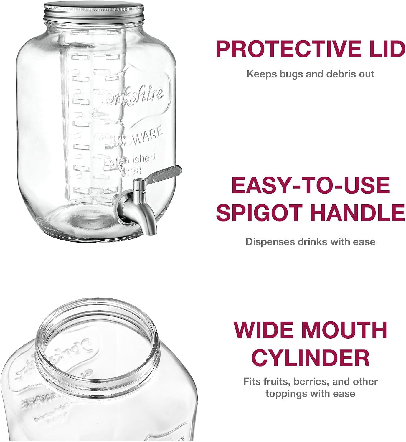 FineDine Glass Drink Dispenser with Stand & Stainless Steel Spigot – 1 Gallon drink dispensers for parties, glass beverage dispenser Set, punch bowl for Lemonade, Juice, Infused Water & More, 2 Pack