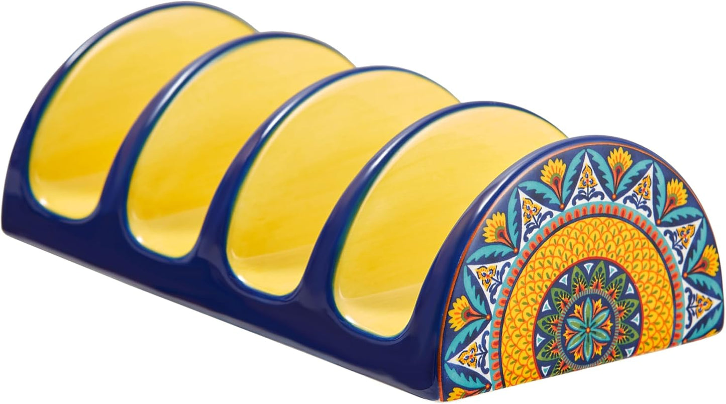 Bico Blue Talavera Ceramic Taco Holder, Taco Stand Rack Tray, Microwave and Dishwasher Safe