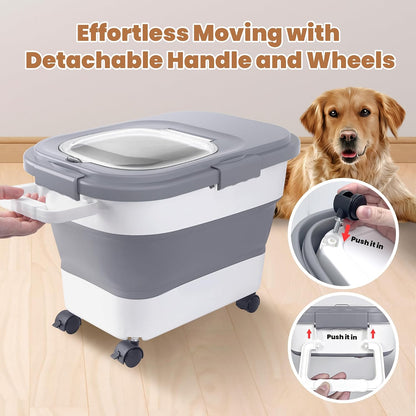 23-25 Lbs Airtight Dog Food Storage Container,Collapsible Dog Food Container with Lid,Wheels,Handle,Large Pet food storage Container with Scoop,Small Food Container for Dog Cat