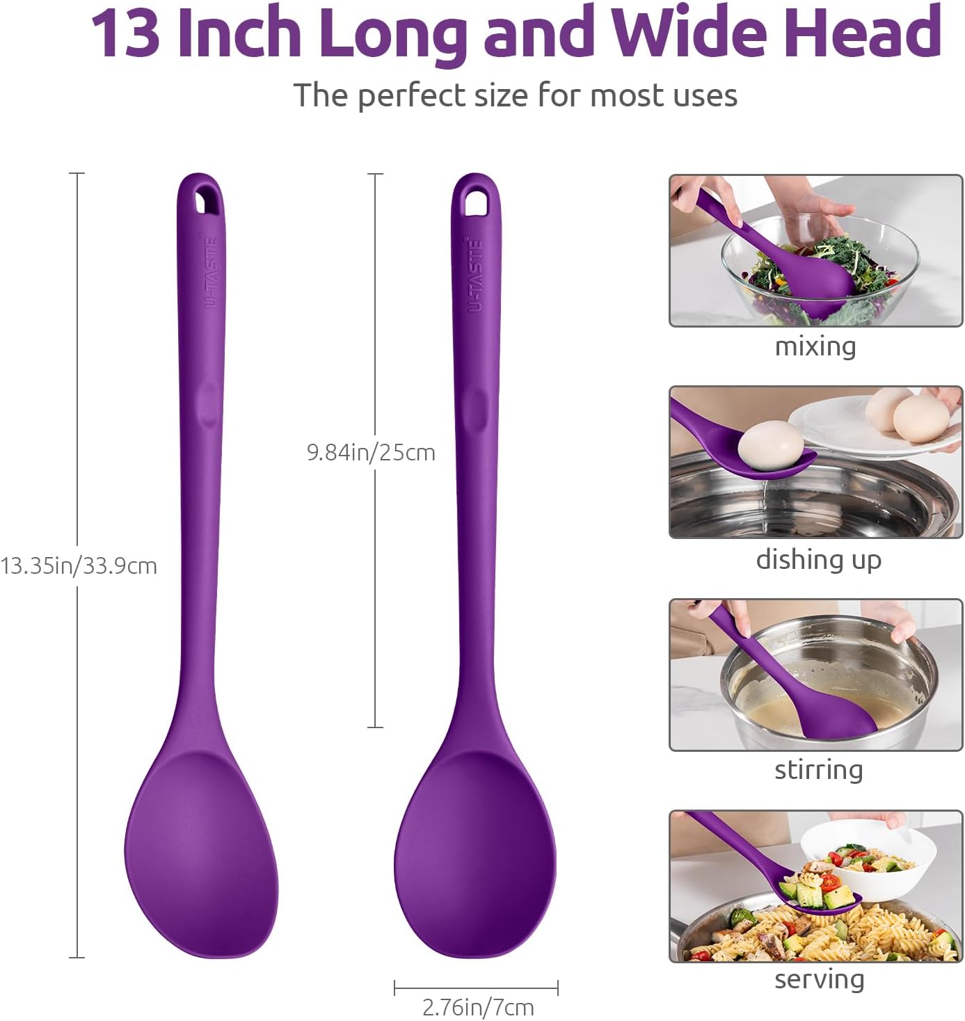600ºF Heat Resistant Silicone Spoons: U-Taste 13.3in Solid & Slotted Kitchen Cooking Tool, Nonstick Long Rubber Utensil, Sturdy for Mixing, Serving, Stirring, Frying, Basting (Aqua Sky, 2PCS)