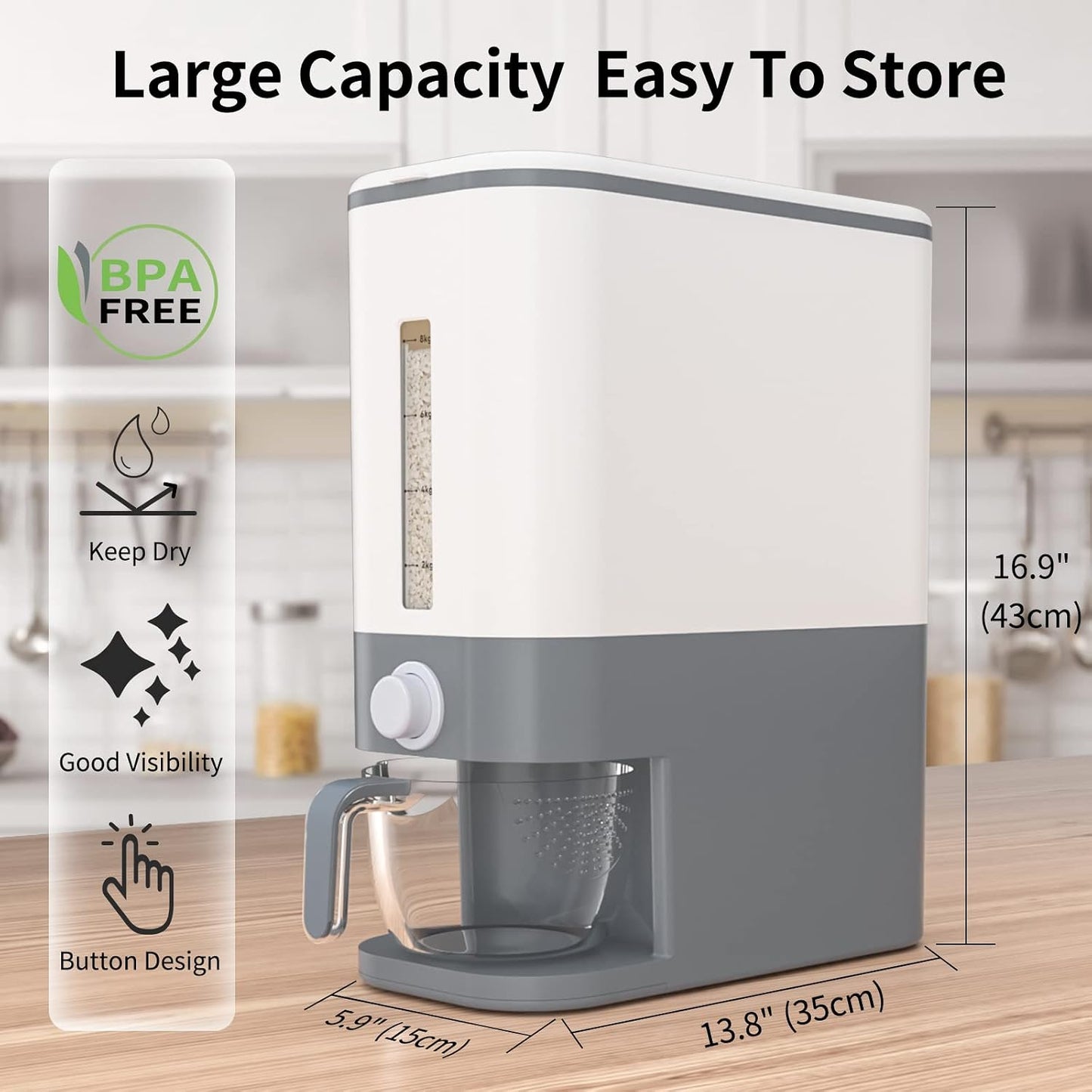 KVEYE Rice Dispenser 25 Lbs, Large Cereal Dry Food Storage Containers with Measuring Cup,Upgraded Built-in Fresh Box, Lids for Home Kitchen Pantry Soybean Corn ‎Gray (Y-2)
