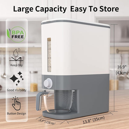 KVEYE Rice Dispenser 25 Lbs, Large Cereal Dry Food Storage Containers with Measuring Cup,Upgraded Built-in Fresh Box, Lids for Home Kitchen Pantry Soybean Corn ‎Gray (Y-2)