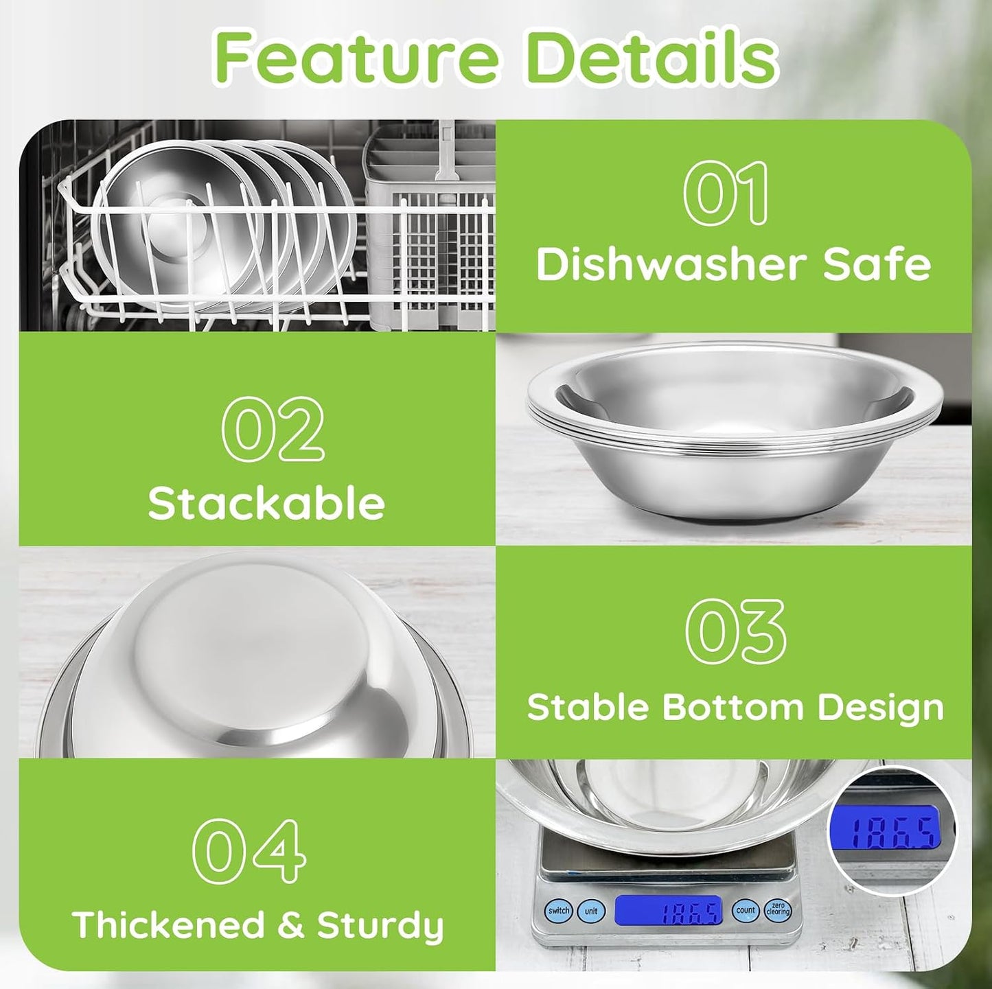 304(18/8) Stainless Steel Mixing Bowls for Kitchen, 4 Pack 7.8" 28.89 fl.oz Metal Mixing Bowls Set Stackable for Baking Serving Cooking Food Prep Storage Dishwasher Safe Heavy Duty