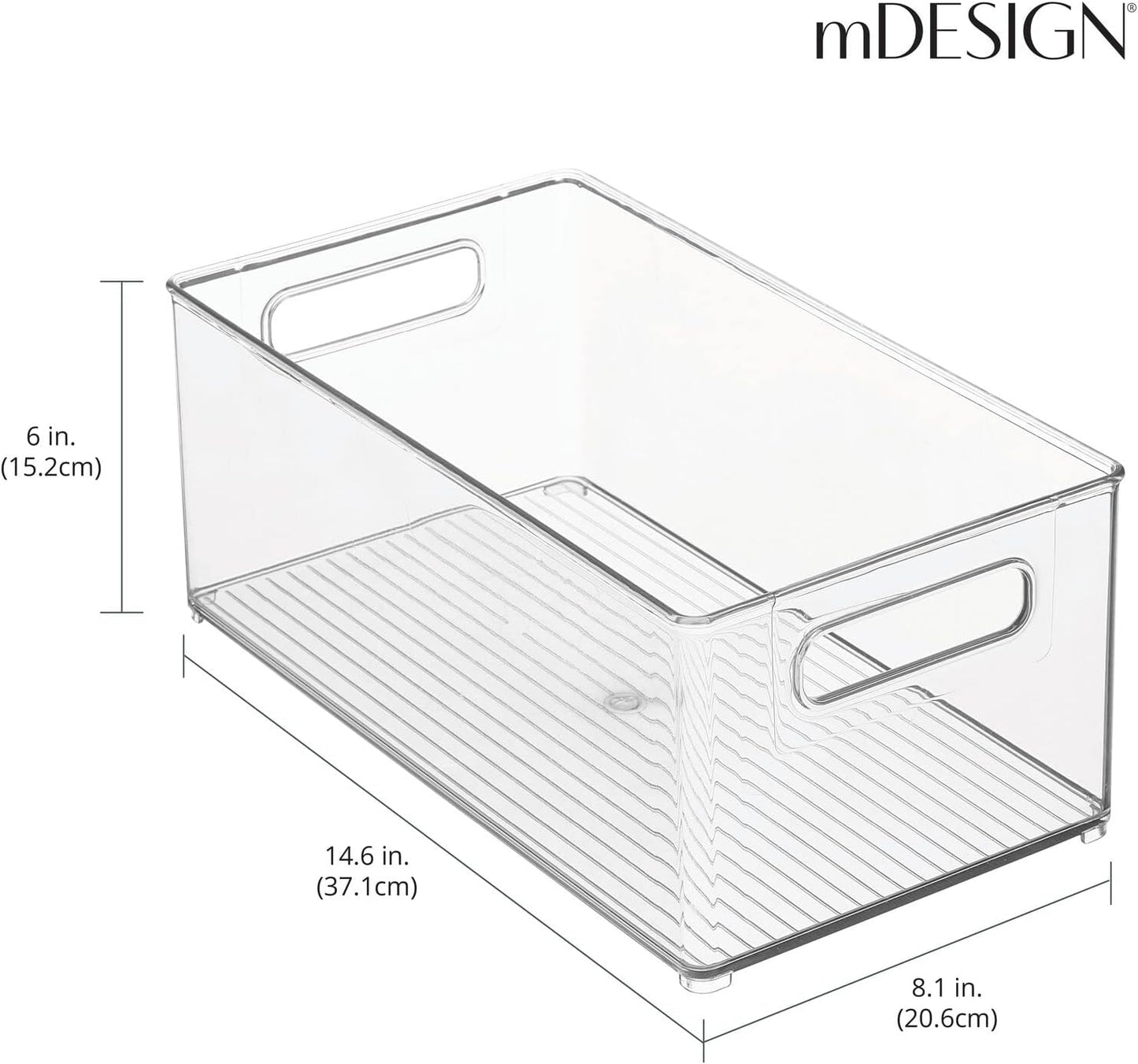 mDesign Deep Plastic Kitchen Storage Organizer Container Bin for Pantry, Cabinet, Cupboard, Shelves, Fridge, or Freezer - Holds Dry Goods, Sauces, Condiments, Drinks, Ligne Collection, 4 Pack, Clear