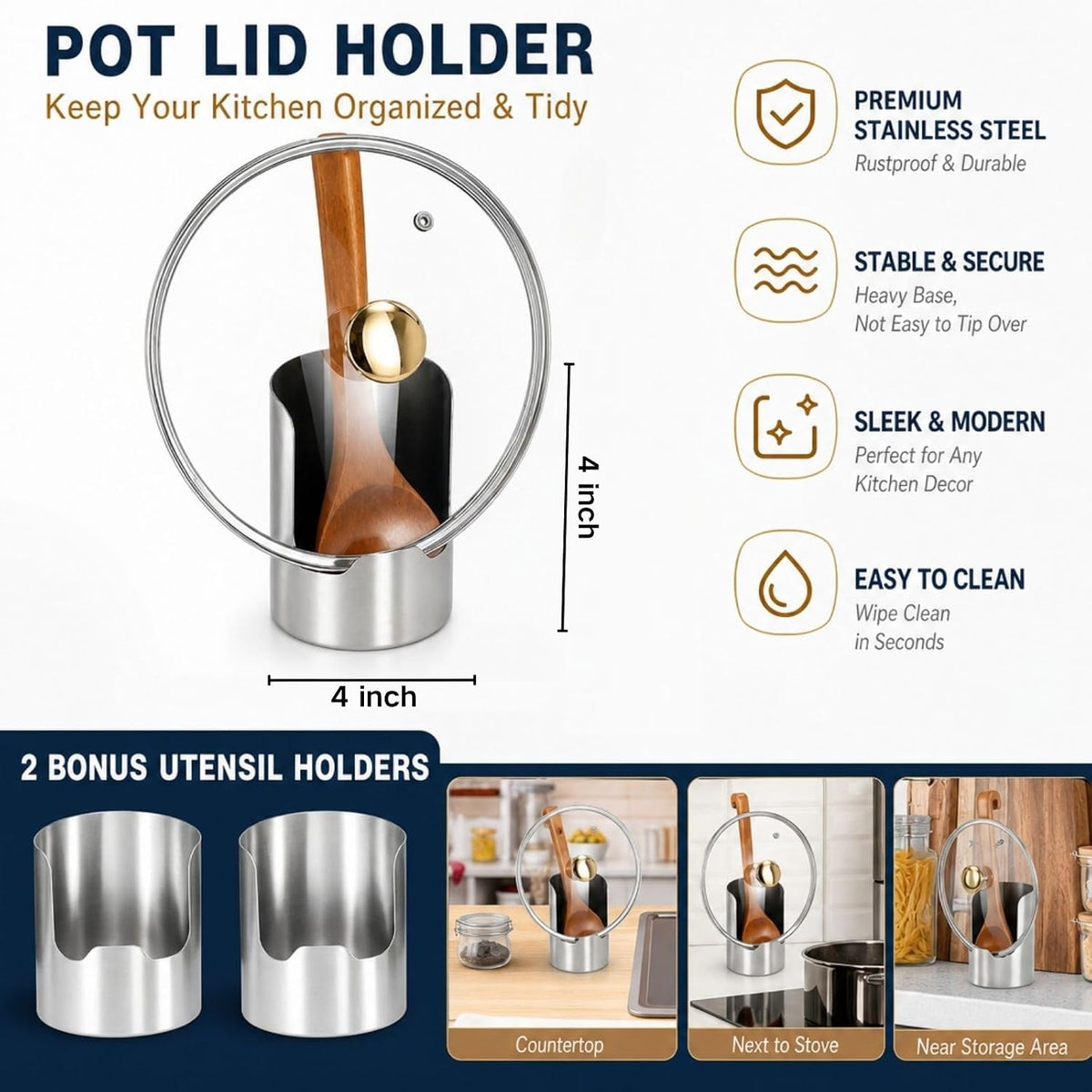 2 Pcs Multi-Functional Kitchen Utensil Holder, Pot Lid & Spoon Rack