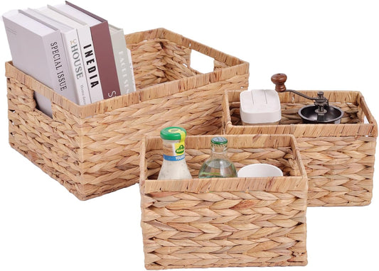 Set of 3 Water Hyacinth Storage Basket Rattan Woven Shelf Organizing with Built-in Handles 3-Pack Nesting Wicker Bathroom Accessories Pantry Storage