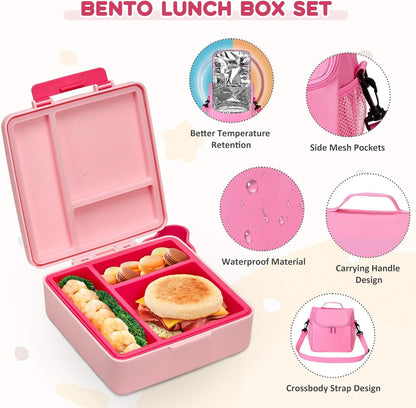 Pawtong Lunch Box Set with Bento Box Container, 17OZ Stainless Steel Food Soup Thermo, Kids Water Bottle & Portable Insulated Lunch Bag, Leakproof, Hot/Cold Retention for School, Travel (Purple-Horse)