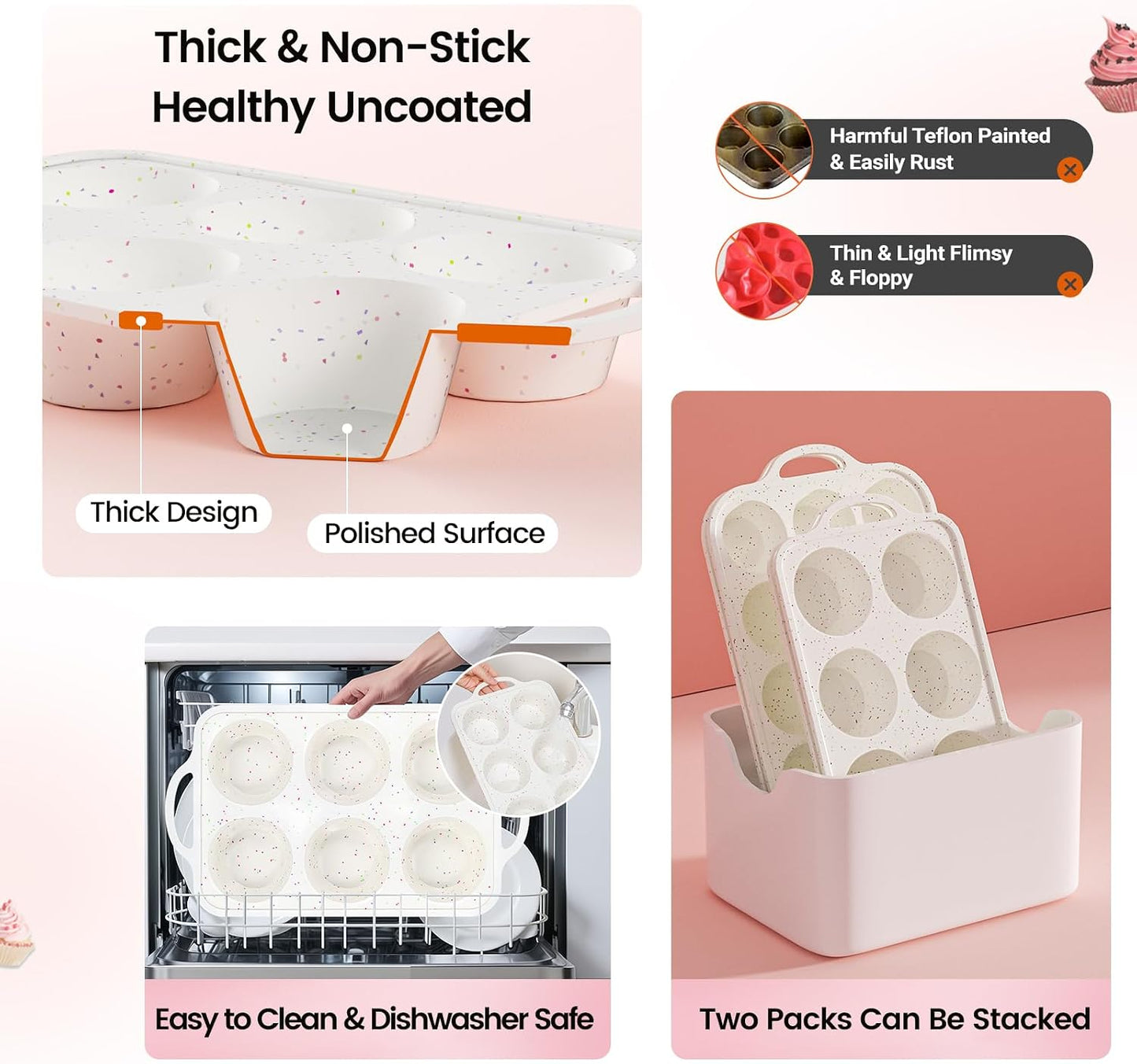 Silicone Muffin Pans With Metal Reinforced Frame - 24 Cups Durable Silicone Baking Pan for Muffins, Cupcakes, BPA Free and Dishwasher Safe - Beige with Rainbow Spots, Set of 2