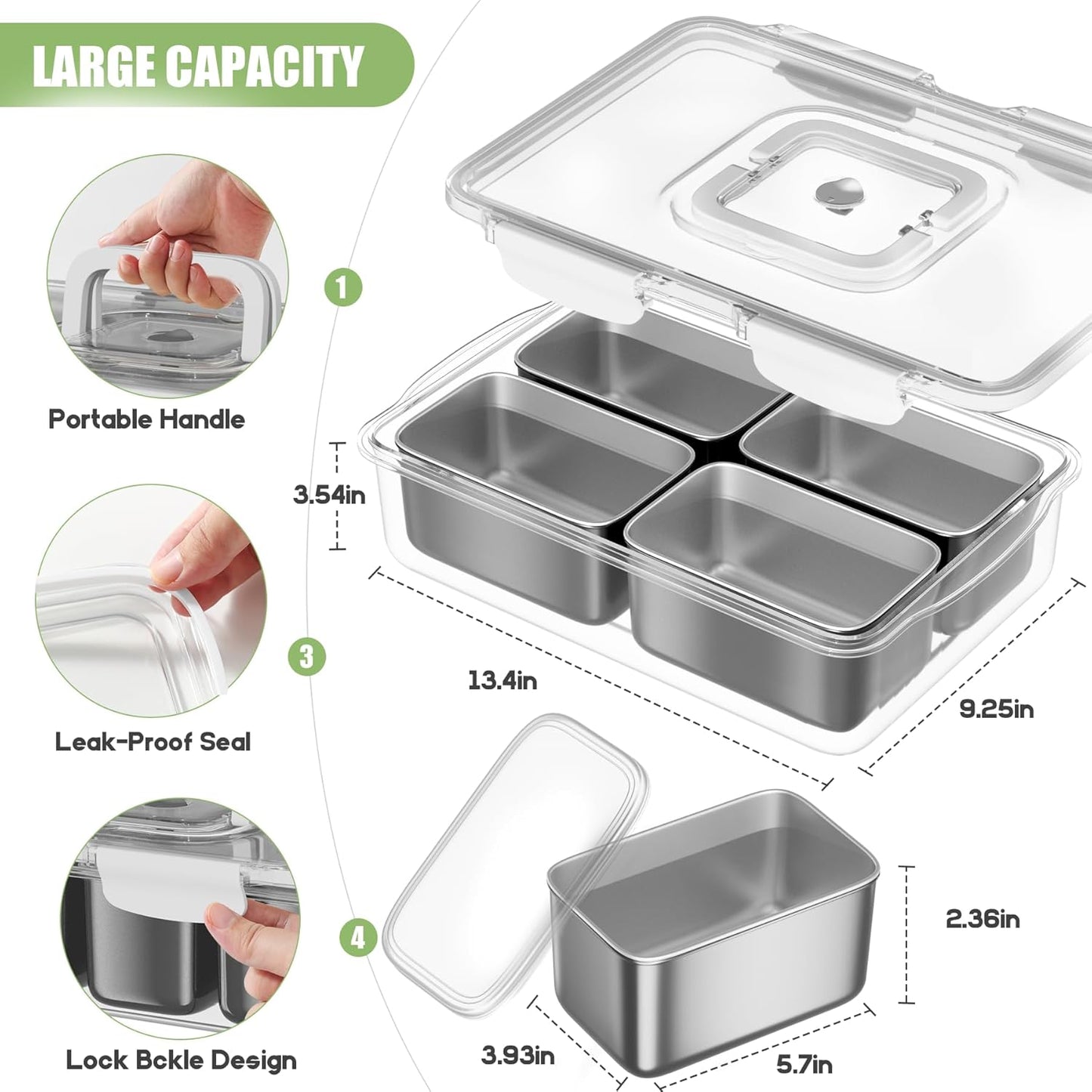 Snackle Box Container, 304 Stainless Steel Divided Serving Tray with Lid and Handle, Portable 8 Compartments Veggie Tray for Fruits,Veggies,Nuts &Candy, Dishwasher Safe for Travel,Picnic,Beach&Parties