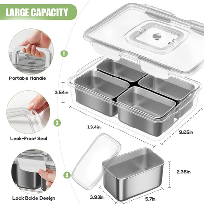 Snackle Box Container, 304 Stainless Steel Divided Serving Tray with Lid and Handle, Portable 8 Compartments Veggie Tray for Fruits,Veggies,Nuts &Candy, Dishwasher Safe for Travel,Picnic,Beach&Parties