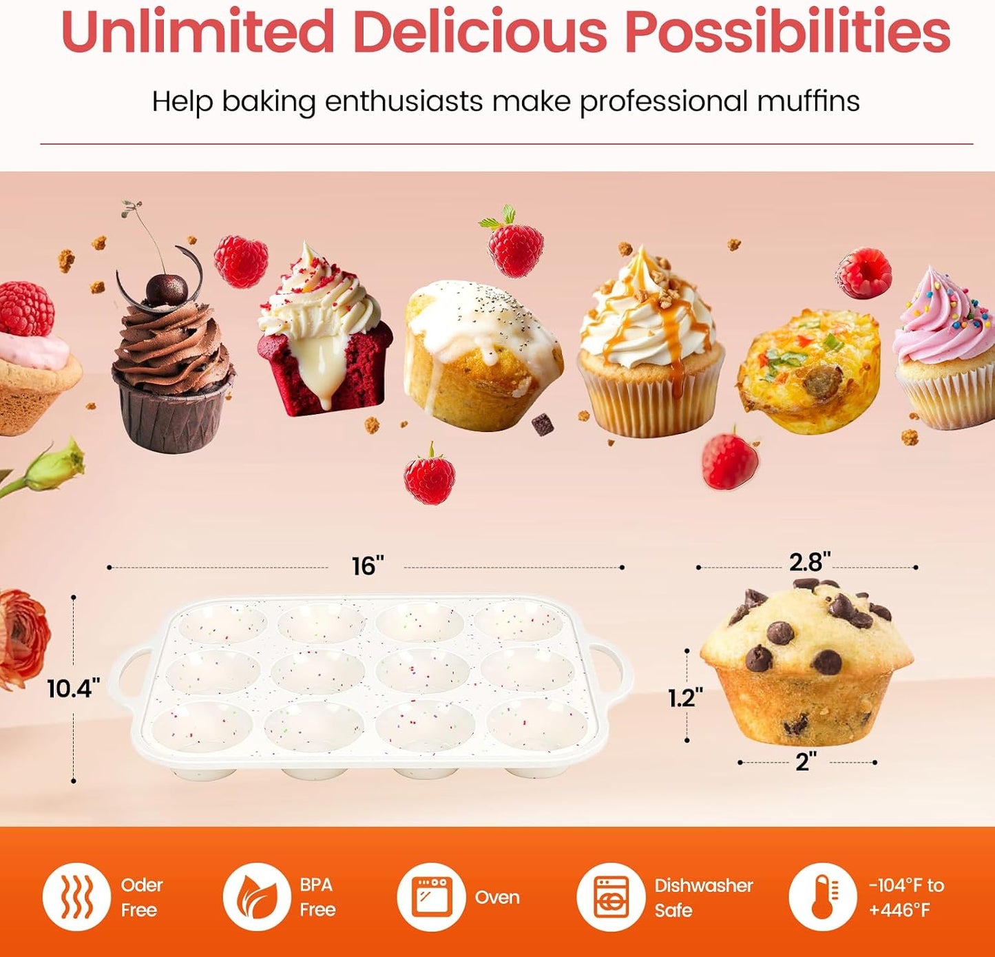 Silicone Muffin Pans With Metal Reinforced Frame - 24 Cups Durable Silicone Baking Pan for Muffins, Cupcakes, BPA Free and Dishwasher Safe - Beige with Rainbow Spots, Set of 2
