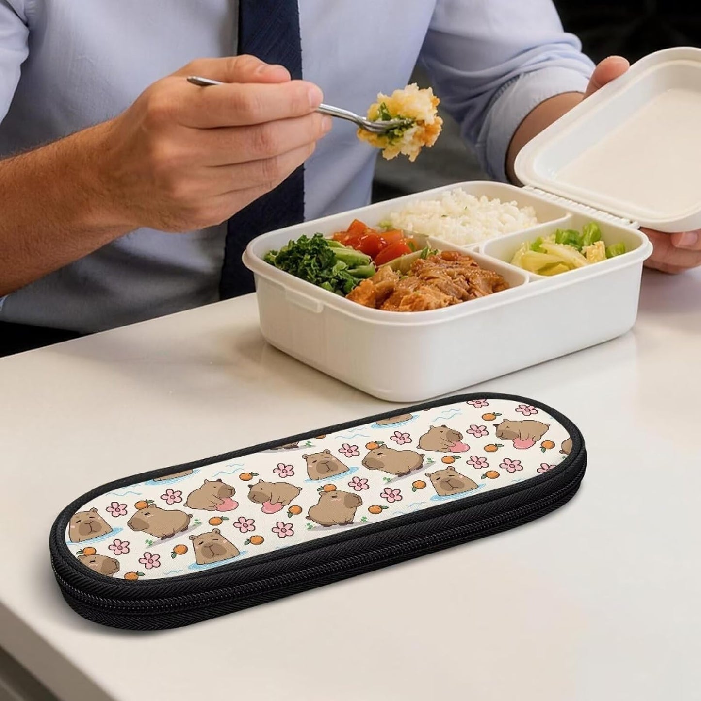 Travel Cutlery Set with Case for Kids Portable Utensil Case Reusable Silverware Pouch for School Travel Lunch Capybara Flower
