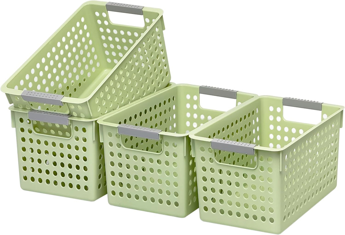 Soddeph 4 Pack Plastic Storage Basket with Handles, Small Deep Organizer Bin with Hollow Design for Under Counter, Shelf, Closet, Kitchen or Bathroom (White, Small)