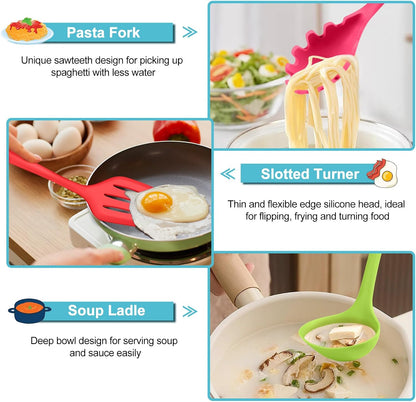TeamFar Silicone Cooking Utensil Set of 7, Black Kitchen Nonstick Tools Turner Spoon Spatula Ladle Pasta Server for Nonstick Cookware, Healthy & One-Piece, Anti-Heat & Dishwasher Safe