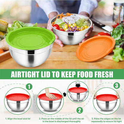 P&P CHEF Black Mixing Bowls with Lids, Set of 3, Stainless Steel Salad Nesting Bowl for Mixing, Storing, Prepping, Airtight & Stackable, Size 4.6/3 /1.5 QT