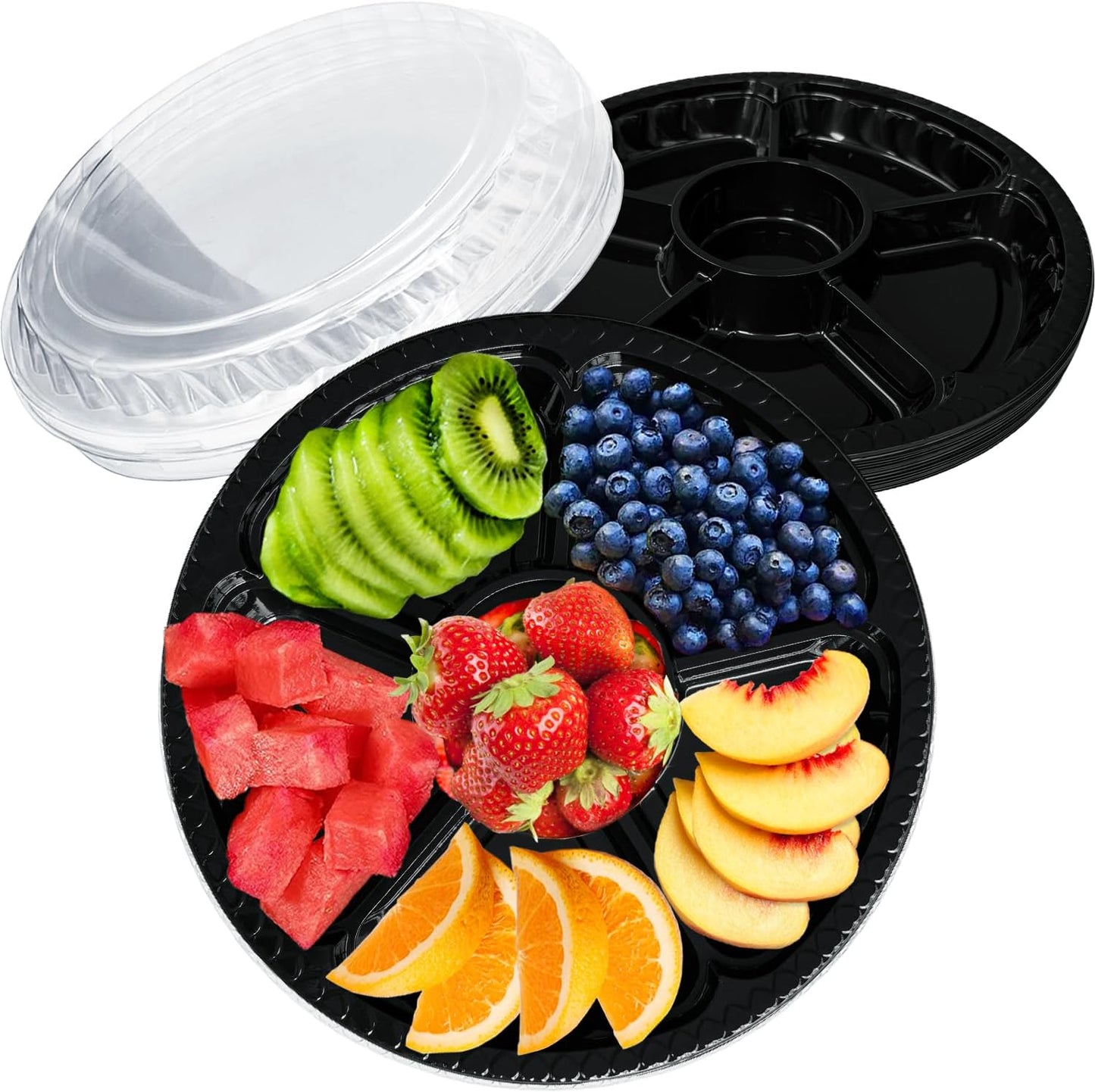 Tiaiidi 12 Pack Plastic Appetizer Trays with Lids,Disposable Compartment Serving Platters,6 Sectional Catering Trays for Serving Food