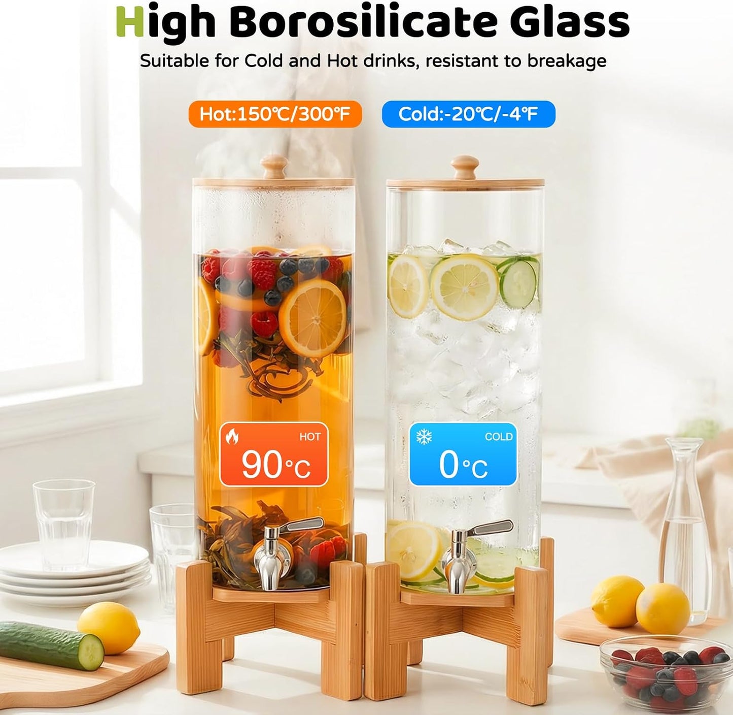 MOBYKE 2.2 Gallon Drink dispenser, Large Water Glass Beverage Dispenser With Wood Stand for Parties With Stainless Steel Spigot, Ideal for Lemonade,Juice, Tea, and Party Drinks