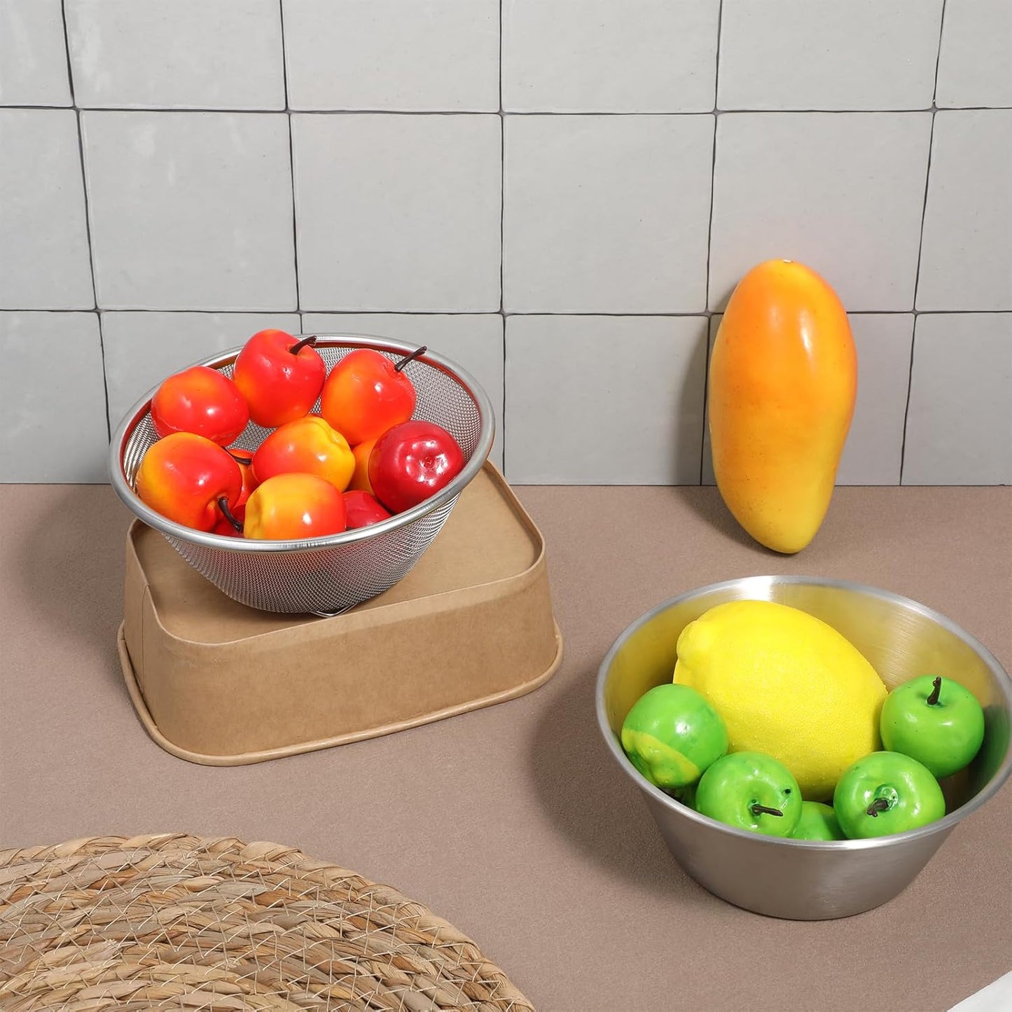 Mini Colanders Stainless Steel Food Colander Mini Strainer with Bowl Colanders Bowl Rice Strainer for Kitchen Colander Set for Pasta Straining Fruit Washing Vegetable (5.51 x 2.36 Inches Silver)