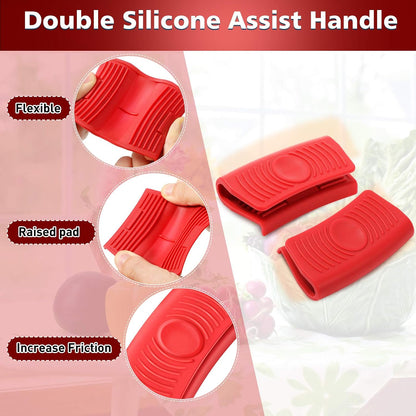 Patelai 4 Pcs Silicone Assist Hot Pan Handle Holder Hot Skillet Handle Covers Nonslip Heat Resistant Pot Grip Sleeves for Cast Iron Skillets Frying Pans Griddles Cookware(Red and Black)