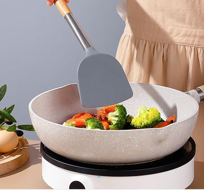 Silicone Spatula Shovel, 14 Inch Gray Turner High Temperature Resistance with Wooden Handle for Cooking and Fried (1)