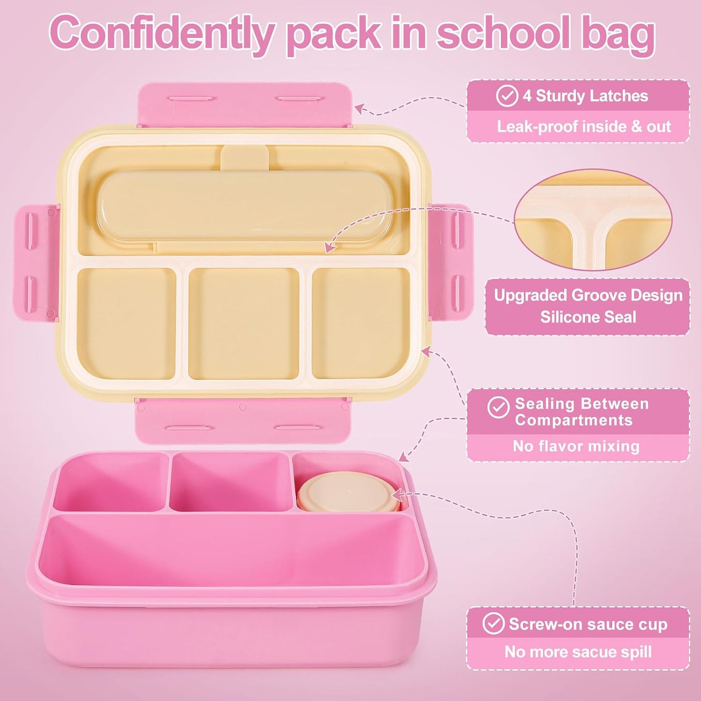 Caperci Bento Box for Kids - 50oz Larger Lunch Box Containers for Kids, Reinforced Leakproof, Built-in Sauce Cup, Utensils, 4 Compartments, BPA-Free Microwave & Dishwasher Safe (Lavender Pop)