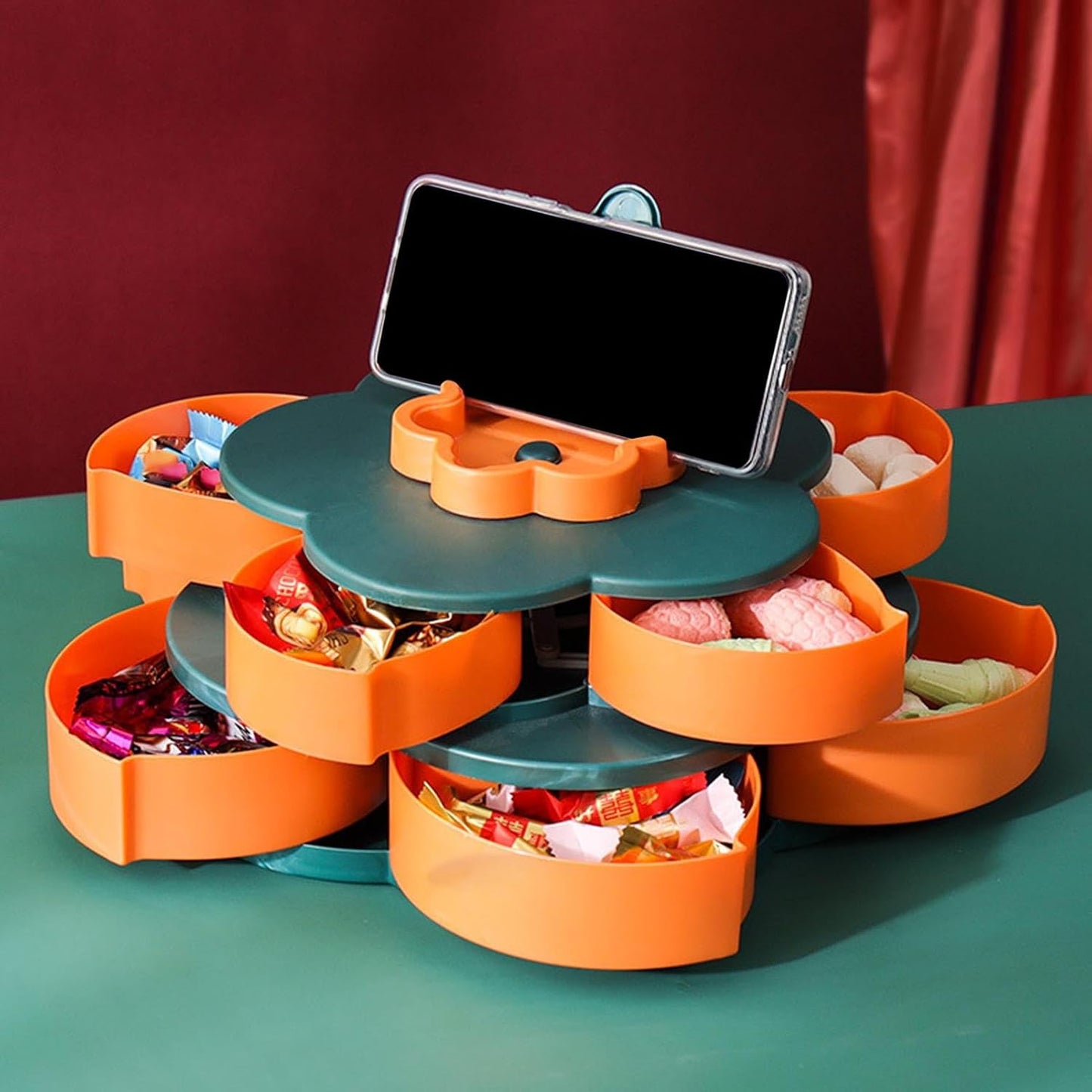 Rotating Snack Tray with Double Layer Flower Shape Design, Sectioned Candy and Nut Storage Container with Lid, 360 Degree Rotating Snack Box Organizer for Party Appetizers Dips Home Kitchen Picnic