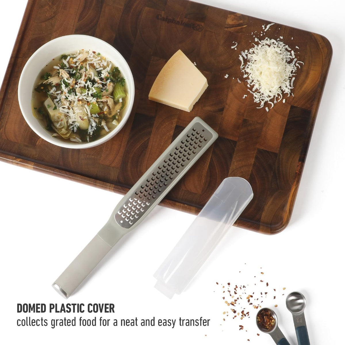 Calphalon Edge Lemon Zester, Stainless Steel Fine Citrus Grater for Lemon, Garlic & Ginger, Handheld Kitchen Zester with Protective Cover & Ergonomic Handle, Taupe