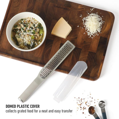 Calphalon Edge Lemon Zester, Stainless Steel Fine Citrus Grater for Lemon, Garlic & Ginger, Handheld Kitchen Zester with Protective Cover & Ergonomic Handle, Taupe