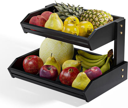 HOLANA Acacia 2 Tier Fruit Basket for Kitchen Counter Organizer – Wooden Fruit Bowl & Wooden Basket for Kitchen Counter Storage, Vegetable & Produce Storage, Snack Organizer for Countertop (Acacia)