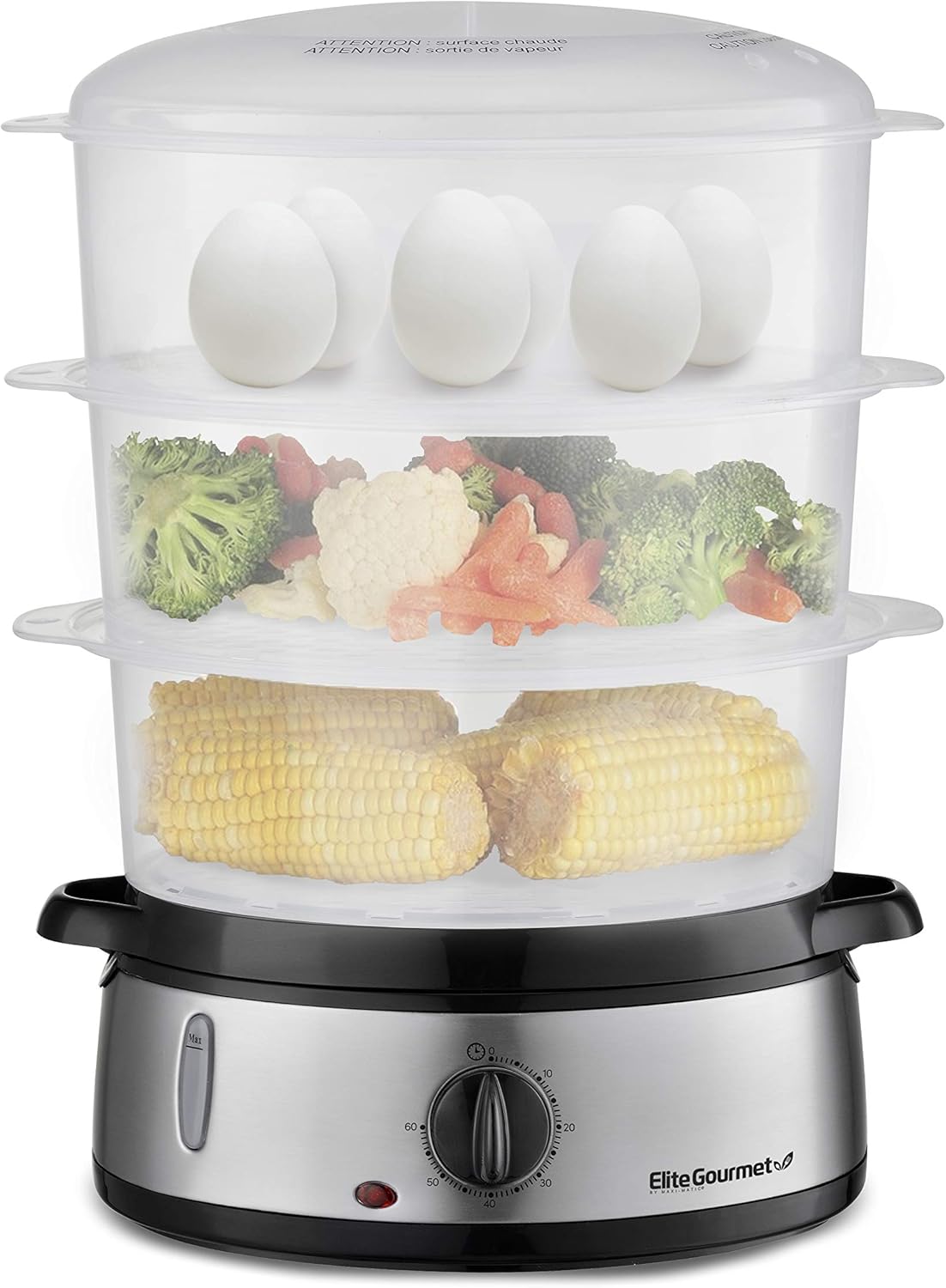 Elite Gourmet Electric Food Steamer, 3-Tier BPA-Free, 9 Qt, Stainless Steel