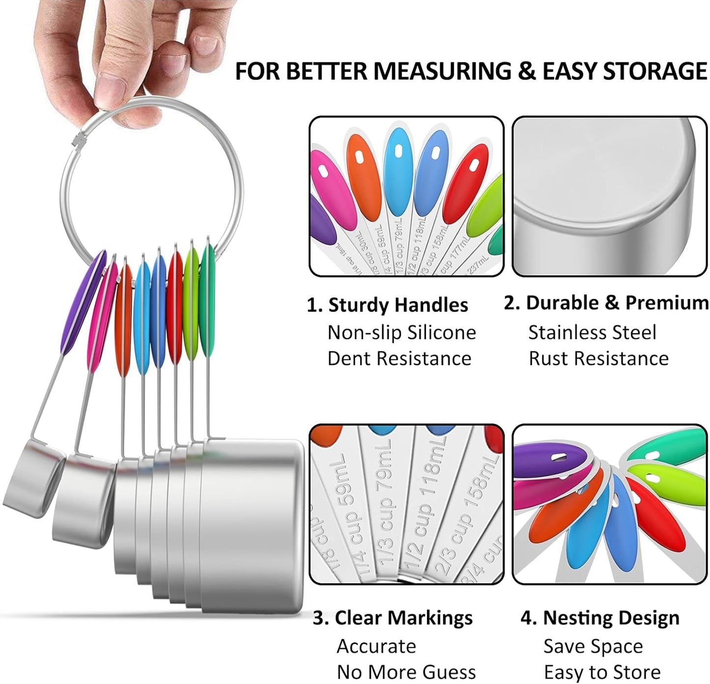Wildone Measuring Cups and Magnetic Measuring Spoons Set, 21Pcs | 8 Stainless Measuring Cups, 7 Magnetic Measuring Spoons, Leveler & 5 Mini Spoons for Spice Jar and Liquid, Multicolor