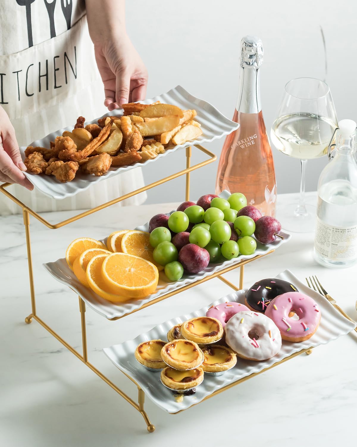 LAUCHUH 3 Tier Serving Tray, Porcelain Serving Platter Tier Serving Stand with Collapsible Sturdier Rack, Serving Trays and Platters Dessert Party Display Set for Father's Day, Gold, 12 Inch